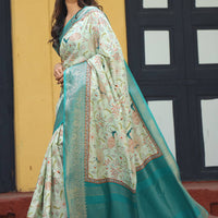 Pista Hand Kalamkari Printed Pure Viscose Dola Silk Saree - Luxe