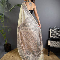 Cream Tussar Silk Madhubani Print Saree