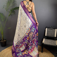 Purple Dola Silk Pen Kalamkari Print Saree