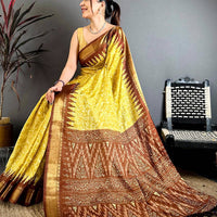 Yellow Pearl Ikkat Dola Silk Saree