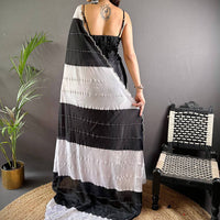 Black And White Poly Chiffon Swaroki Work Saree