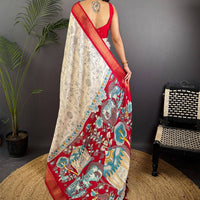 Red Dola Silk Pen Kalamkari Print Saree
