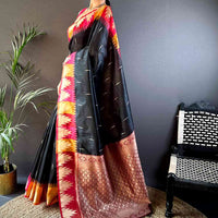 Black Banarasi Raw Silk Ikkat Saree