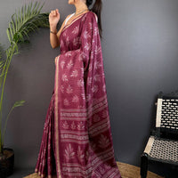 Dark Mauve Leaf Print Ghicha Handloom Saree