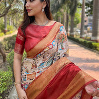 Beige Colour Double Border Chex Weaving Banarasi Soft Silk Saree