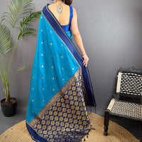 Teal Blue Silk Blend Floral Saree