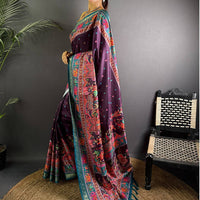 Wine Soft Silk Pashmina Kashmiri Print Saree