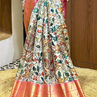 Kalamkari Silk Saree With Pink-Gold Border
