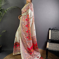 White Soft Silk Pashmina Kashmiri Print Saree