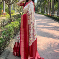 Chiku Colour Double Border Chex Weaving Banarasi Soft Silk Saree