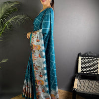Teal Kalamkari Digital Printed Saree