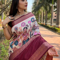 Off White Colour Double Border Chex Weaving Banarasi Soft Silk Saree