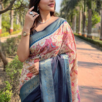 Blue Colour Double Border Chex Weaving Banarasi Soft Silk Saree