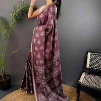 Dark Wine Leaf Print Ghicha Handloom Saree