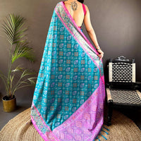 Sky Blue Pochampally Patola Soft Silk Saree