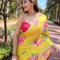Yellow Pure Satin Georgette with Zircon Swarovski Border Saree
