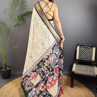 Black Dola Silk Pen Kalamkari Print Saree