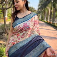 Blue Colour Double Border Chex Weaving Banarasi Soft Silk Saree