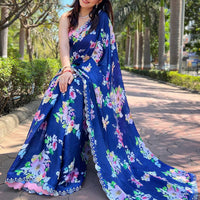 Navy Satin Georgette Floral Print Saree