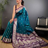 Teal Blue Soft Silk Feather Saree