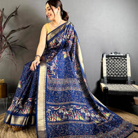 Navy Pen Kalamkari Soft Dola Zari Saree