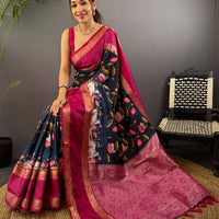 Navy Pichwai Print Banarasi Silk Saree