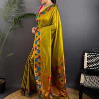 Mustard Yeola Paithani Soft Silk Saree