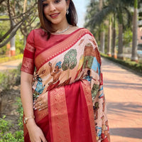 Peach Colour Double Border Chex Weaving Banarasi Soft Silk Saree