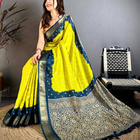 Yellow Bandhej Printed Dola Silk Saree