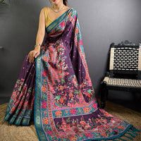 Wine Soft Silk Pashmina Kashmiri Print Saree