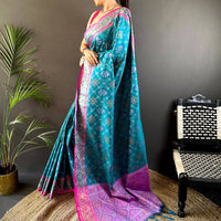 Sky Blue Pochampally Patola Soft Silk Saree