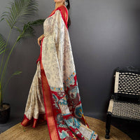Red Dola Silk Pen Kalamkari Print Saree