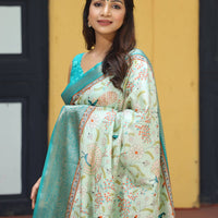 Pista Hand Kalamkari Printed Pure Viscose Dola Silk Saree - Luxe