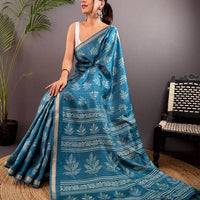 Teal Blue Leaf Print Ghicha Handloom Saree