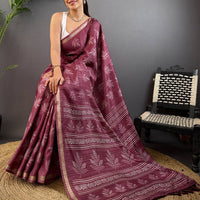Dark Mauve Leaf Print Ghicha Handloom Saree