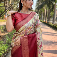 Pista Colour Double Border Chex Weaving Banarasi Soft Silk Saree