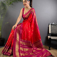 Rose Red Gadwal Border Soft Silk Saree
