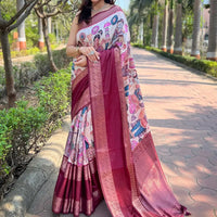 Off White Colour Double Border Chex Weaving Banarasi Soft Silk Saree