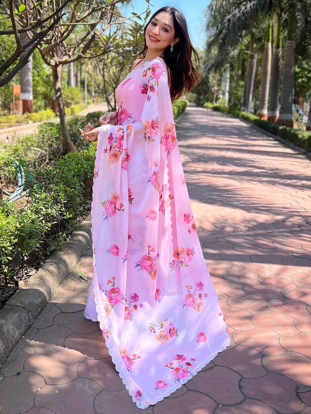 Pink Pure Satin Georgette with Zircon Swarovski Border Saree