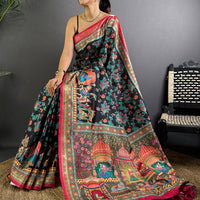 Black Soft Silk Pashmina Kashmiri Print Saree