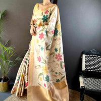 Light Cream Soft Silk Tissue Floral Print Saree