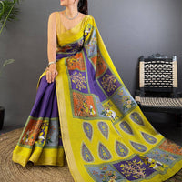 Royal Blue Tussar Kalalmkari Print Saree