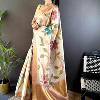 Cream Soft Silk Tissue Floral Print Saree
