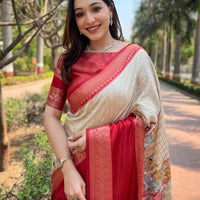 Cream Colour Double Border Chex Weaving Banarasi Soft Silk Saree