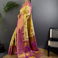 Beige Dharmavaram Gold Birds Print Saree