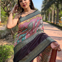 Pink Colour Double Border Chex Weaving Banarasi Soft Silk Saree