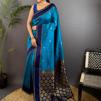 Teal Blue Silk Blend Floral Saree