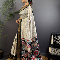 Black Dola Silk Pen Kalamkari Print Saree