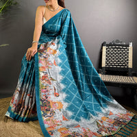 Teal Kalamkari Digital Printed Saree
