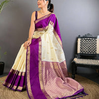 White Gadhwal Pure Soft Silk Saree